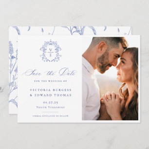 Save The Date Regency Blue Monogram Crest Photo Mariage