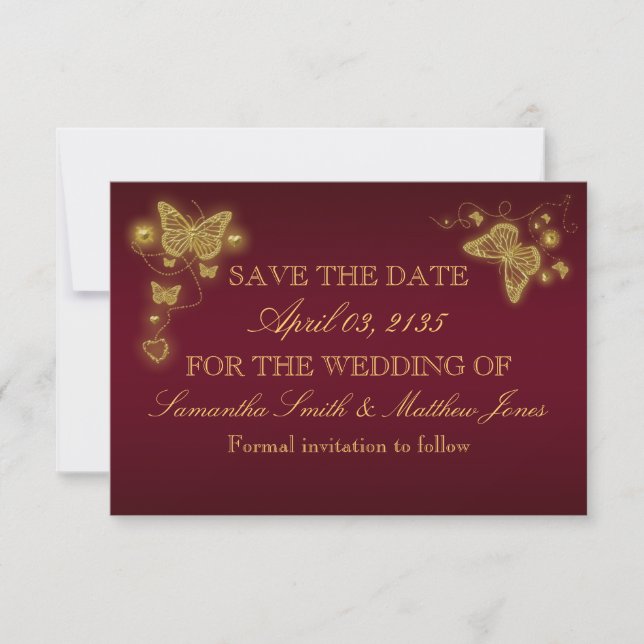 Save The Date Réponse du mariage d'or bordeaux papillon (Devant)
