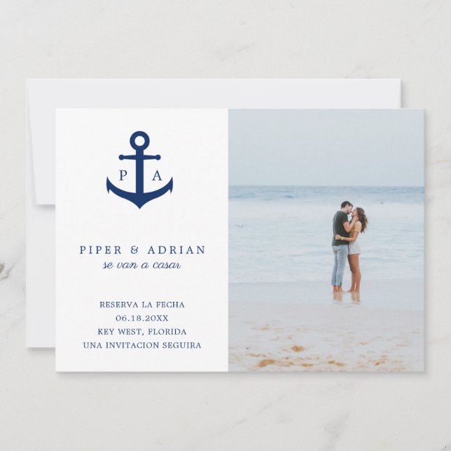 Save The Date Reserva La Fecha Ancre nautique Monogramme Photo (Devant)