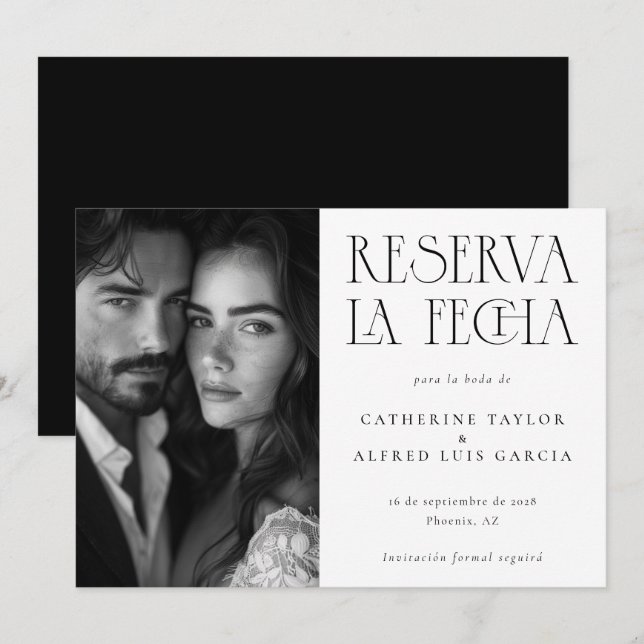 Save The Date Reserva La Fecha Black White Spanish Photo Mariage (Devant / Derrière)