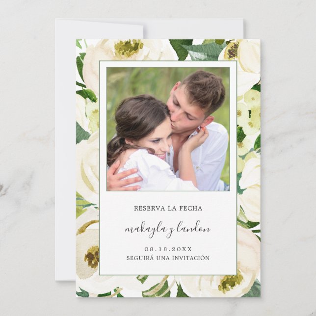 Save The Date Reserva la Fecha Elegant Blanc Floral Photo Espagn (Devant)