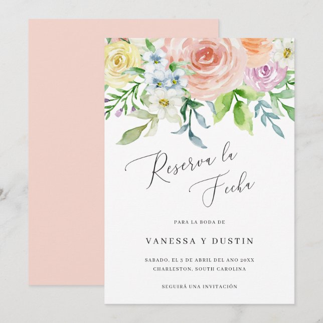 Save The Date Reserva La Fecha Floral Aquarelle Mariage espagnol (Devant / Derrière)