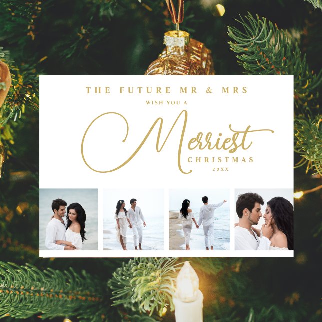 Save The Date Reserva La Fecha Gold Exquisite Modern Wedding Chr (Exquisite Modern Wedding Christmas 4 Photos in Fake Gold Holiday Card as a Save the Date Card.)
