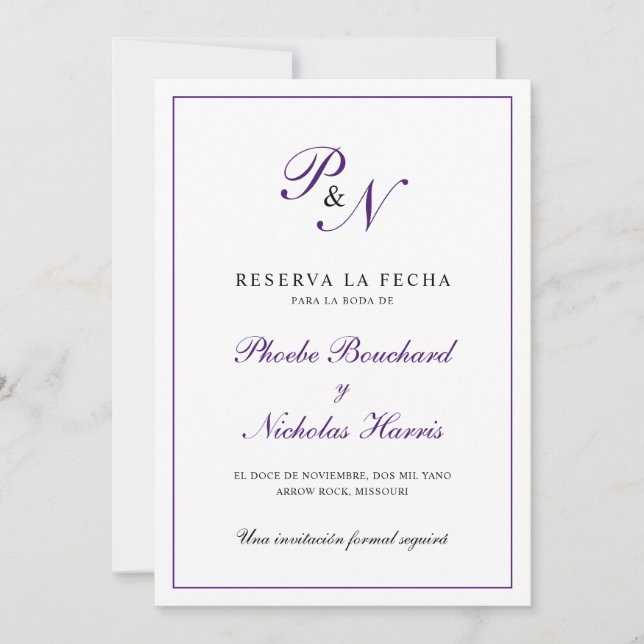 Save The Date Reserva la Fecha Purple Monogramme Formel Espagnol (Devant)