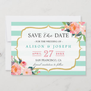 Save The Date Réservez la date   Classy Mint Green Stripes Flora
