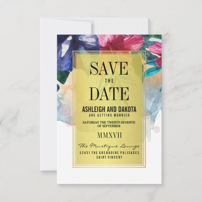 Save The Date Réservez la date | Fleurs d'aquarelle tropicale (Devant)