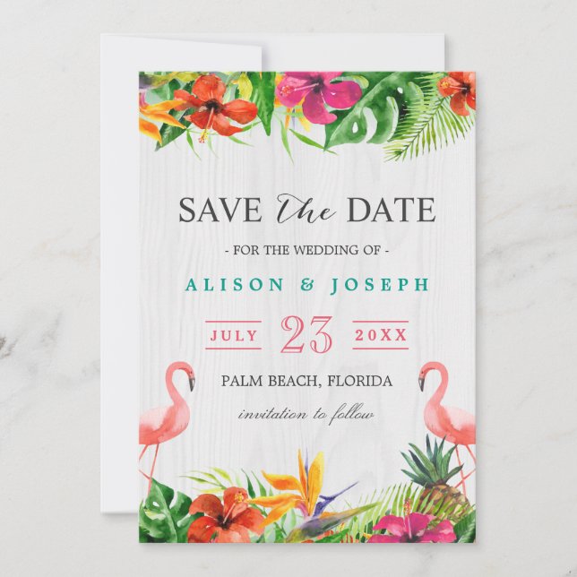 Save The Date Réservez la date | Luau Flamant rose floral tropic (Devant)