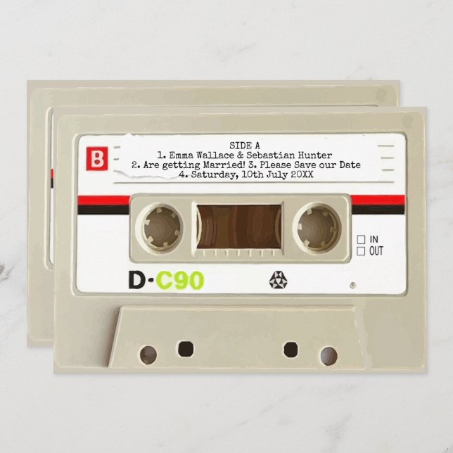 Save The Date Rétro audio cassette Mariage Enregistrer la date (Devant / Derrière)