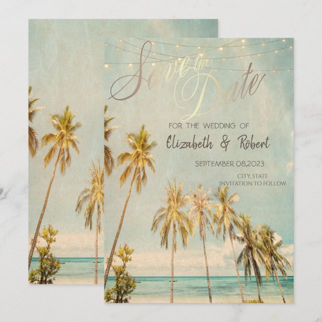 Save The Date Retro Beach Palms Économisez La Date (Devant / Derrière)