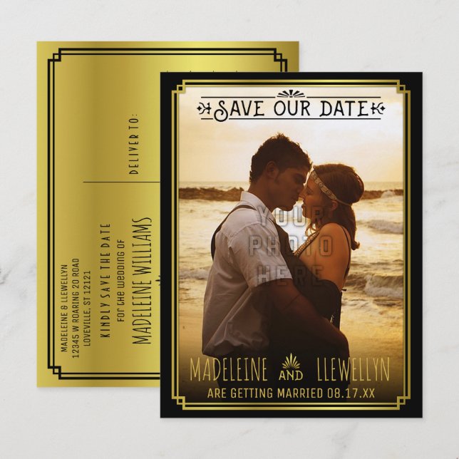 Save the Date Retro Black Gold Deco Wedding Photo Announcement Postcard (Front/Back)