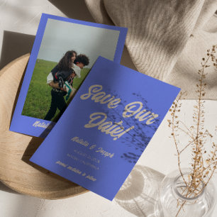 Save The Date Retro Bleu Funky Gras Moderne Unique Mariage Amusa