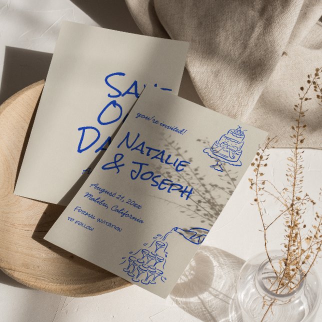Save The Date Retro Blue Hand Drawn Champagne Tower Cake Wedding (Créateur téléchargé)
