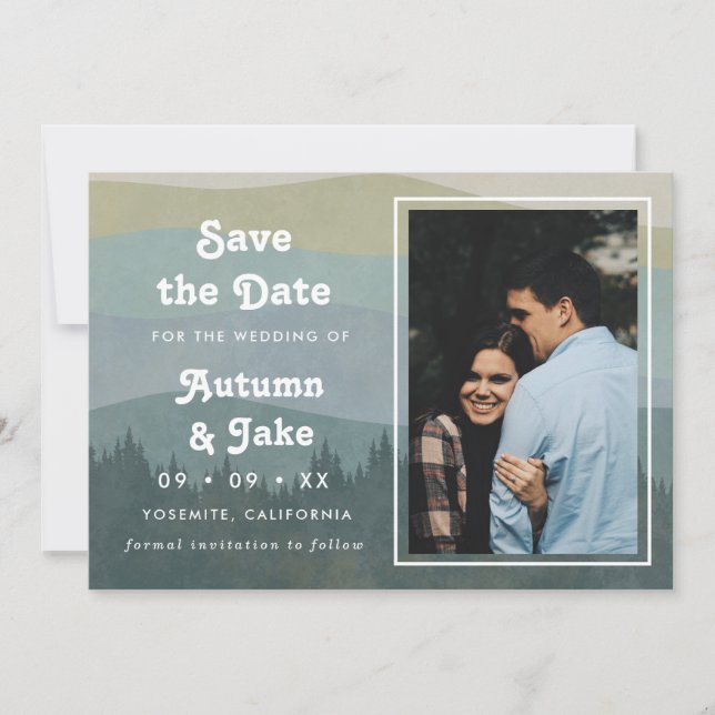 Save The Date Retro Blue Mountains & Forest Photo Wedding (Devant)