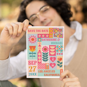 Save The Date Retro Boho Floral Bold & Bright QR Code Mariage