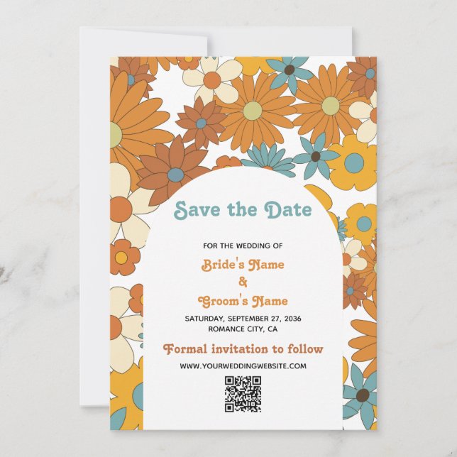 Save The Date Retro Flowers 60's 70's Arch Mariage QR Code (Devant)