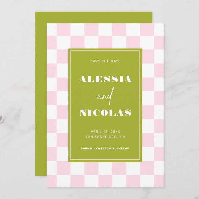 Save The Date Retro Fun Pink & Green Checkerboard Check Wedding (Devant / Derrière)