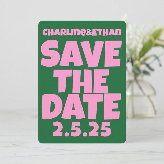 Save The Date Retro Funky Rose Green Enregistrer la date Code QR (Créateur téléchargé)