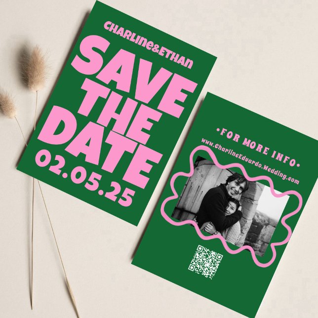 Save The Date Retro Funky Rose Green Enregistrer la date Code QR (Créateur téléchargé)