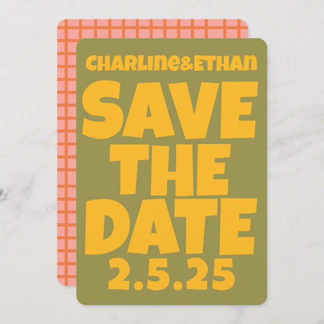 Save The Date Retro Funkyjaune vert Enregistrer la date Code QR (Créateur téléchargé)