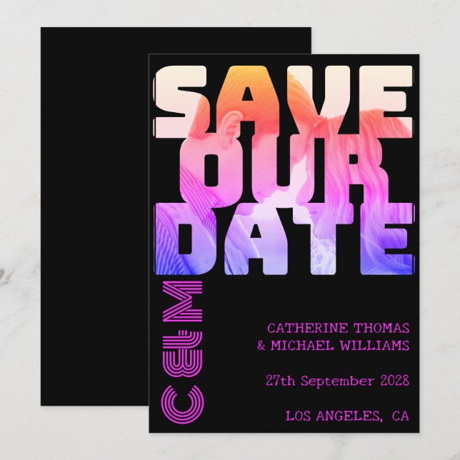 Save The Date Retro les années 70 Nom Monogramme Et Mariage Phot (Devant / Derrière)