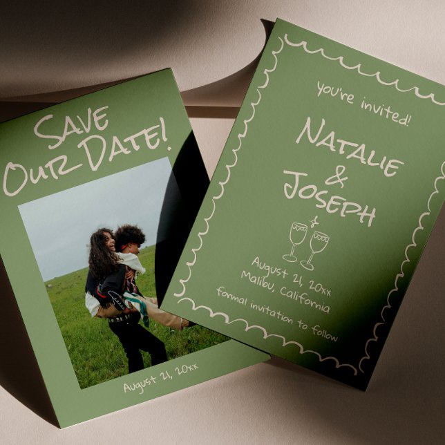 Save The Date Retro Main dessinée Écrit Vert Funky Photo Mariage (Créateur téléchargé)