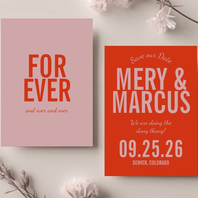 Save The Date Retro Moderne Gras Rouge & Rose Script Mariage  (Créateur téléchargé)