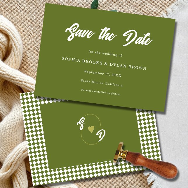 Save The Date Retro Olive green  Minimalist Checkered Wedding (Créateur téléchargé)