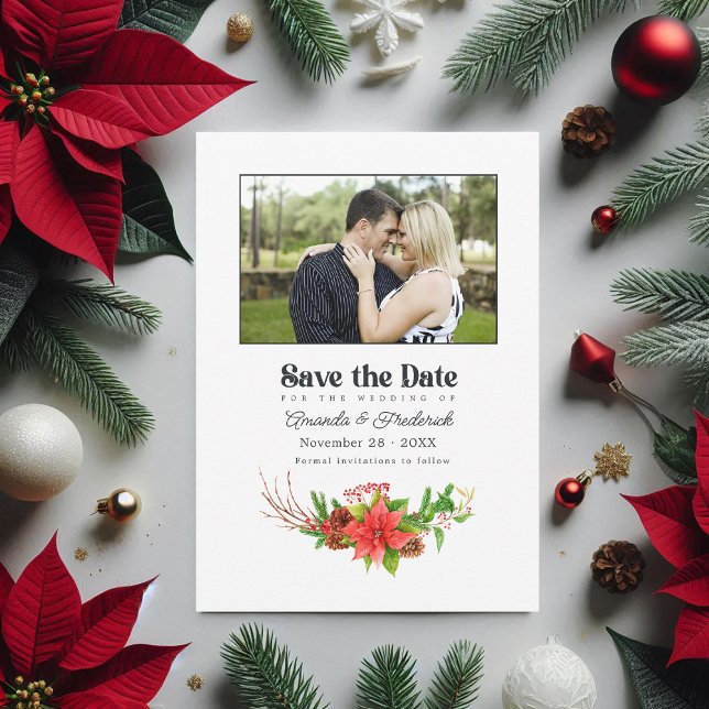 Save The Date Retro Poinsettia Bicyclette de Noël Mariage QR Cod (Retro Poinsettia Bicycle Christmas Wedding QR Code Save The Date)