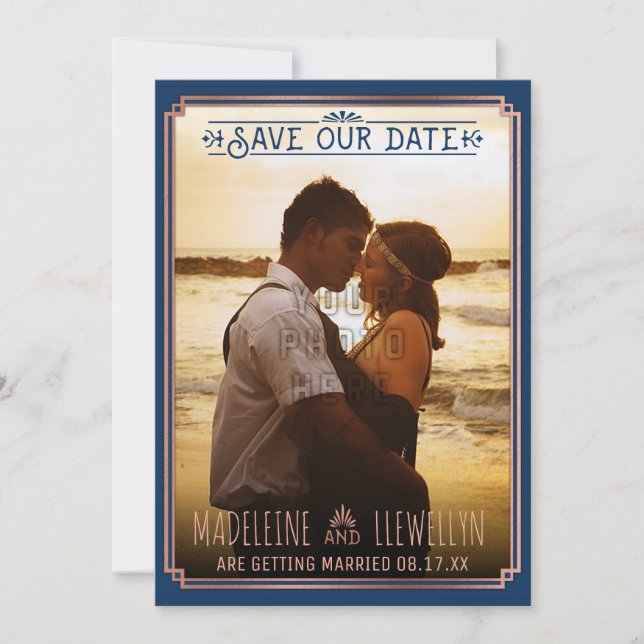 Save the Date Retro Rose Gold Deco Wedding Photo (Front)
