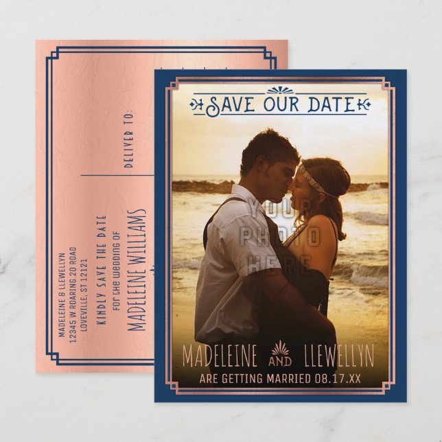Save the Date Retro Rose Gold Deco Wedding Photo Announcement Postcard (Front/Back)