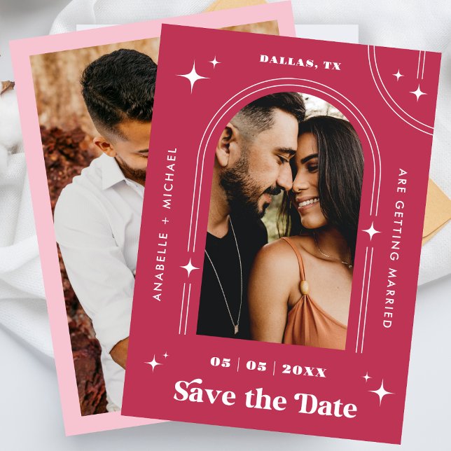 Save The Date Retro Seventies Boho Arch Viva Magenta 2 Photo les (Créateur téléchargé)