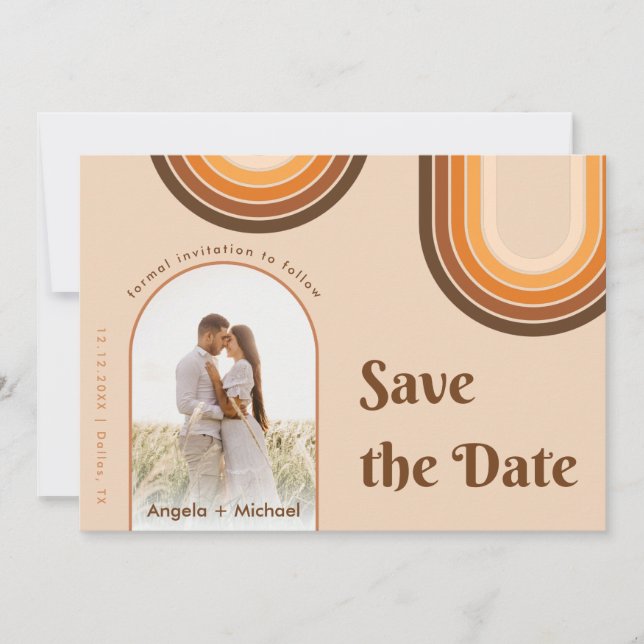 Save The Date Retro Seventies Rainbow Boho Arche Photo les année (Devant)
