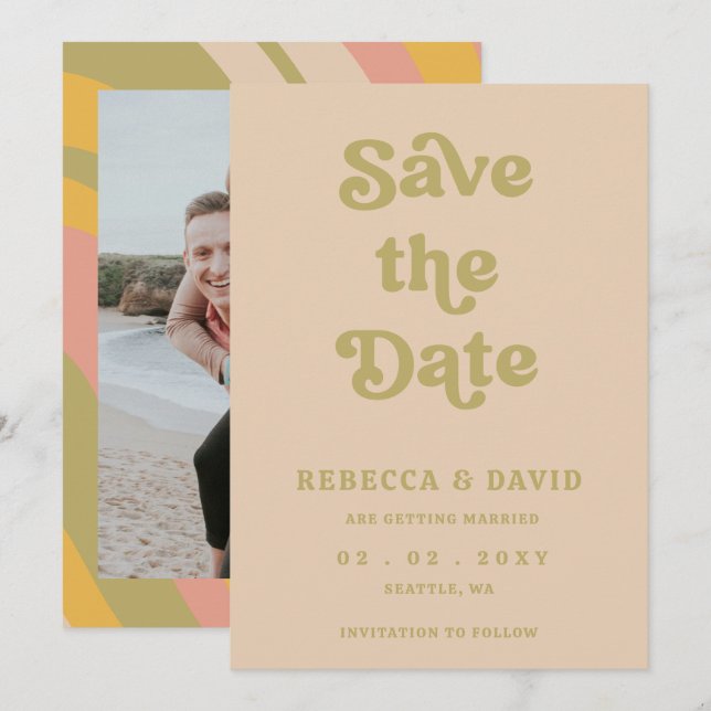 Save The Date Retro Super les années 70 Cute Green Photo Mariage (Devant / Derrière)