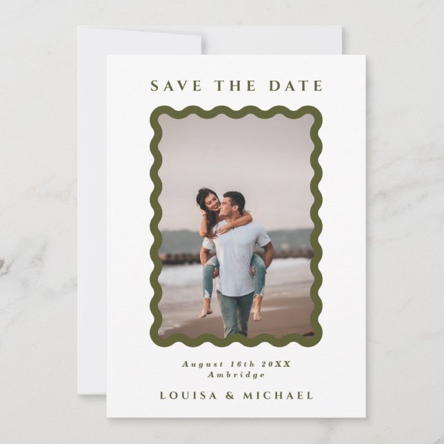 Save The Date Retro Wavy Frame Photo Vert & Blanc Mariage (Devant)