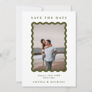 Save The Date Retro Wavy Frame Photo Vert & Blanc Mariage