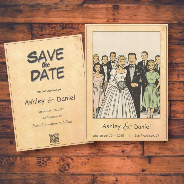Save The Date Retro Whimsical Bride et Groom Comic Mariage de li (Créateur téléchargé)