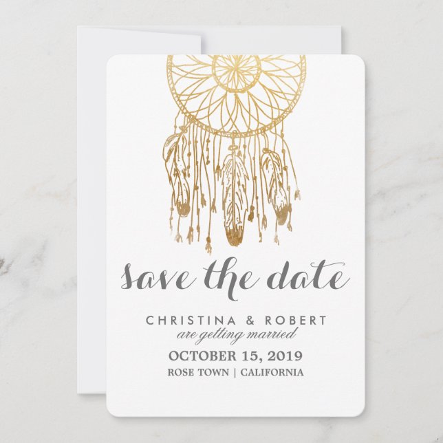 Save The Date Rêve Bohème Attrape-Rêves Feuille Dorée Fausse Enr (Devant)
