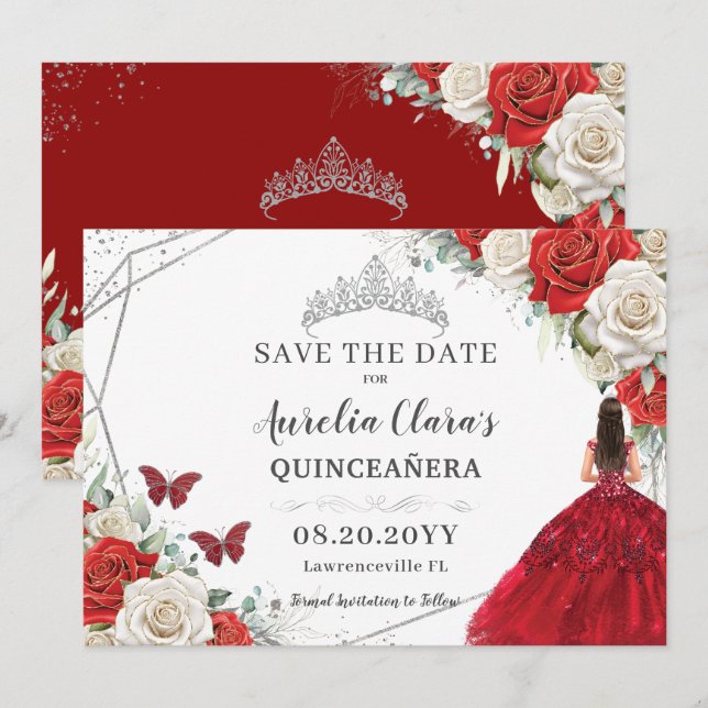 Save The Date Robe Florale Rouge Blanc Argent Quinceanera Sweet  (Devant / Derrière)