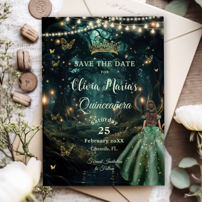 Save The Date Robe verte émeraude de la forêt enchantée Quinceañ (Créateur téléchargé)