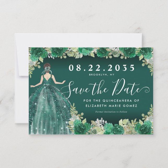 Save The Date Robe verte Emeraude Florale Anniversaire Quinceane (Devant)