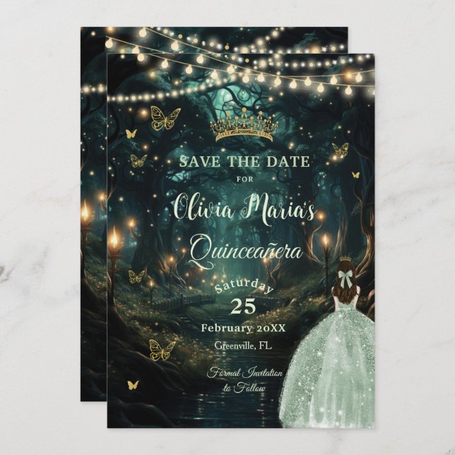 Save The Date Robe verte Enchanté Forêt Sage Quinceañera (Devant / Derrière)
