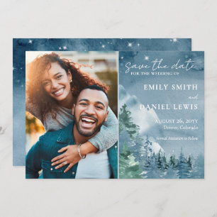 Save The Date Rocheuses Rustiques Aquarelle bleu foncé