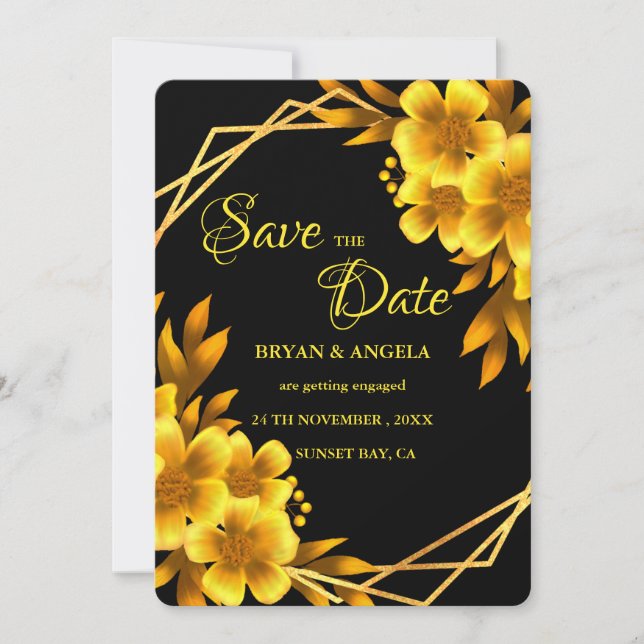 Save The Date Romance d'automne noir & or floral chute géométriq (Devant)