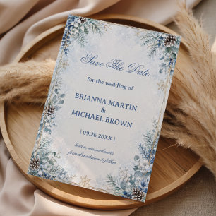 Save The Date Romance hivernale du cône de pin bleu givré