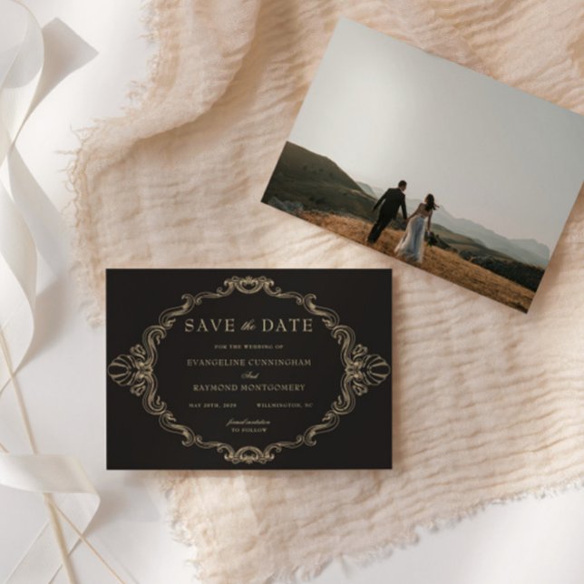 Save The Date Romantic Baroque Ornate Frame Black Photo (Créateur téléchargé)