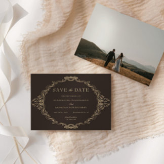 Save The Date Romantic Baroque Ornate Frame Dark Brown Photo