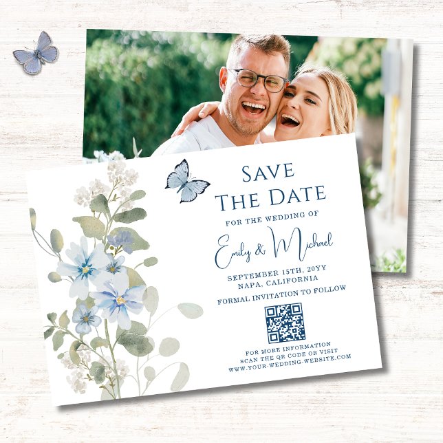 Save The Date Romantic Blue Floral Photo QR Code Mariage (Créateur téléchargé)