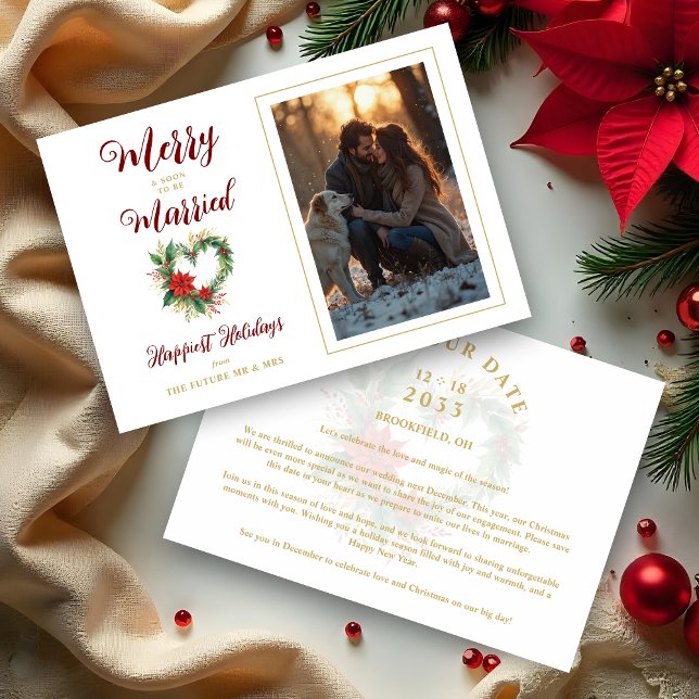 Save The Date Romantic Christmas Heart-Shape Wreath Wedding (Romantic Christmas Heart-Shape Wreath Wedding Photo Save the Date Cards as Holiday Cards. )
