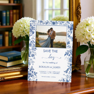 Save The Date Romantic Dusty Blue Toile Floral Photo