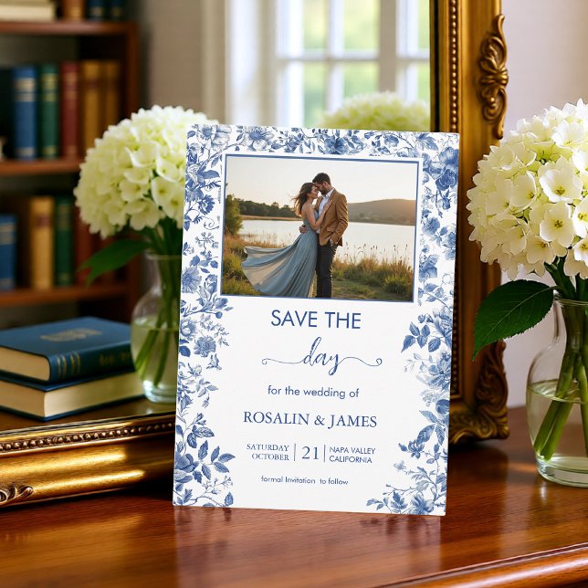Save The Date Romantic Dusty Blue Toile Floral Photo (Romantic Dusty Blue Toile Floral Photo Save The Date)